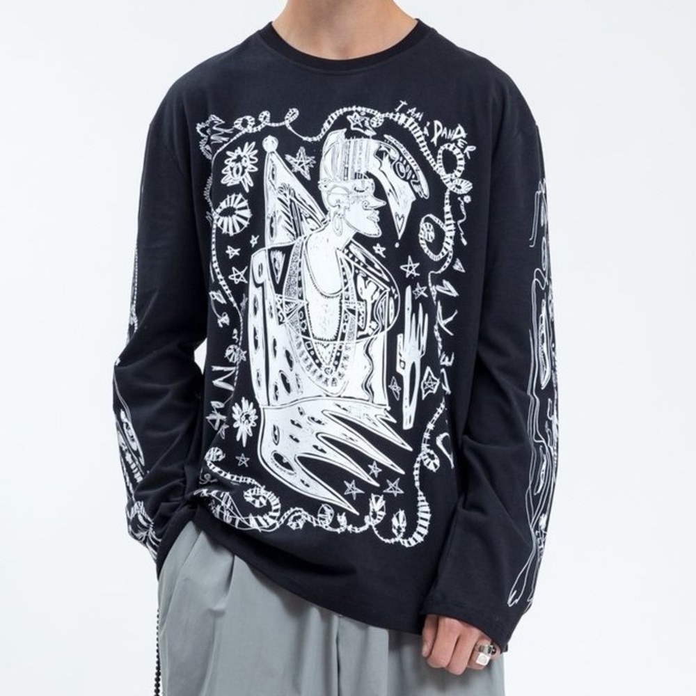 Charles Jeffrey Loverboy Designer Long Sleeve Graphic Tee in Black sz Medium